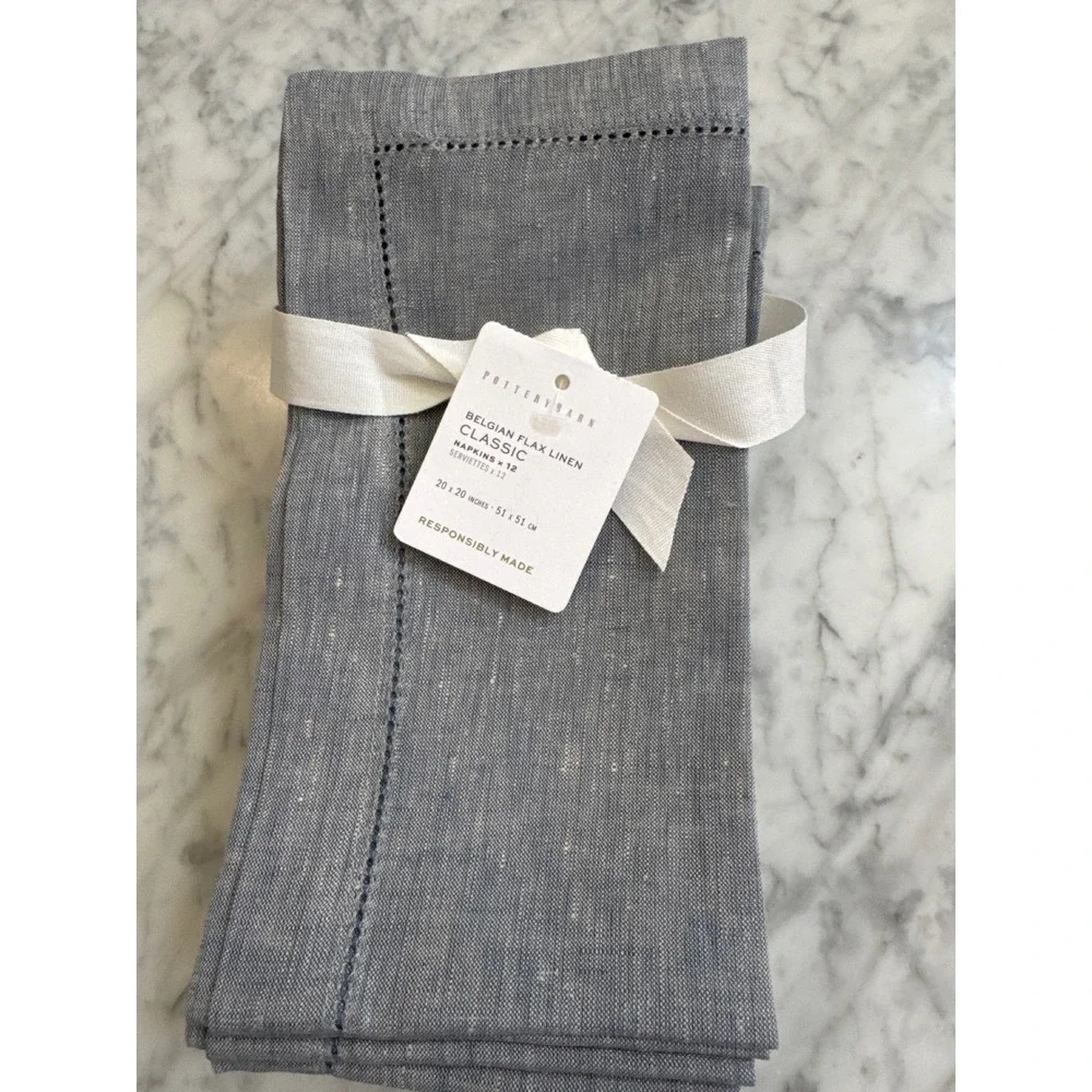 Pottery Barn Belgian Flax Linen Napkins Set /12 Chambray Hemstitch 20x20
